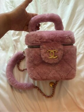 CHANEL Pink Shearling Fur Vanity Bag with Gold CC Hardware